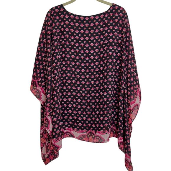 JM Collection Womens Poncho Top Large Black Pink Floral Boho Sheer Scarf Hem - Picture 3 of 6